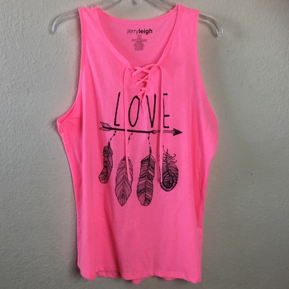 jerry leigh Tops - Jerry Leigh Love & Feathers Lace Up Graphic Tee
